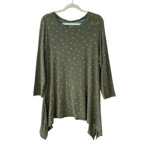 Gudrun Sjoden Lagenlook Asymmetrical Peplum Hem Dotted Green Tunic Top Size M